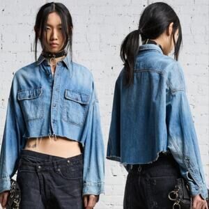 R13 Cropped Denim Shirt Brindley Blue
